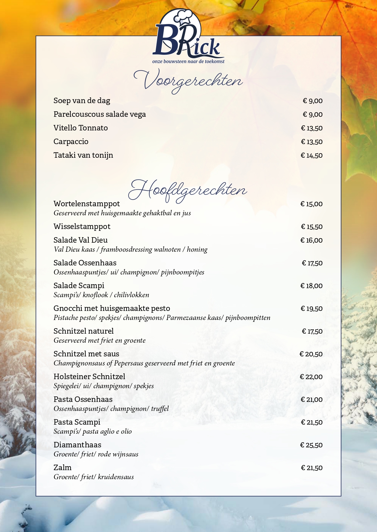 Dinerkaart voor- en hoofdgerechten BRick Landgraaf
