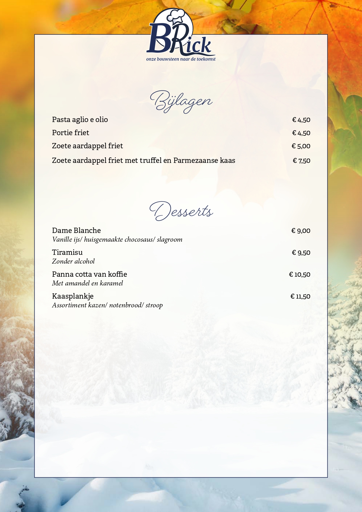 Dinerkaart bijlagen en desserts BRick Landgraaf