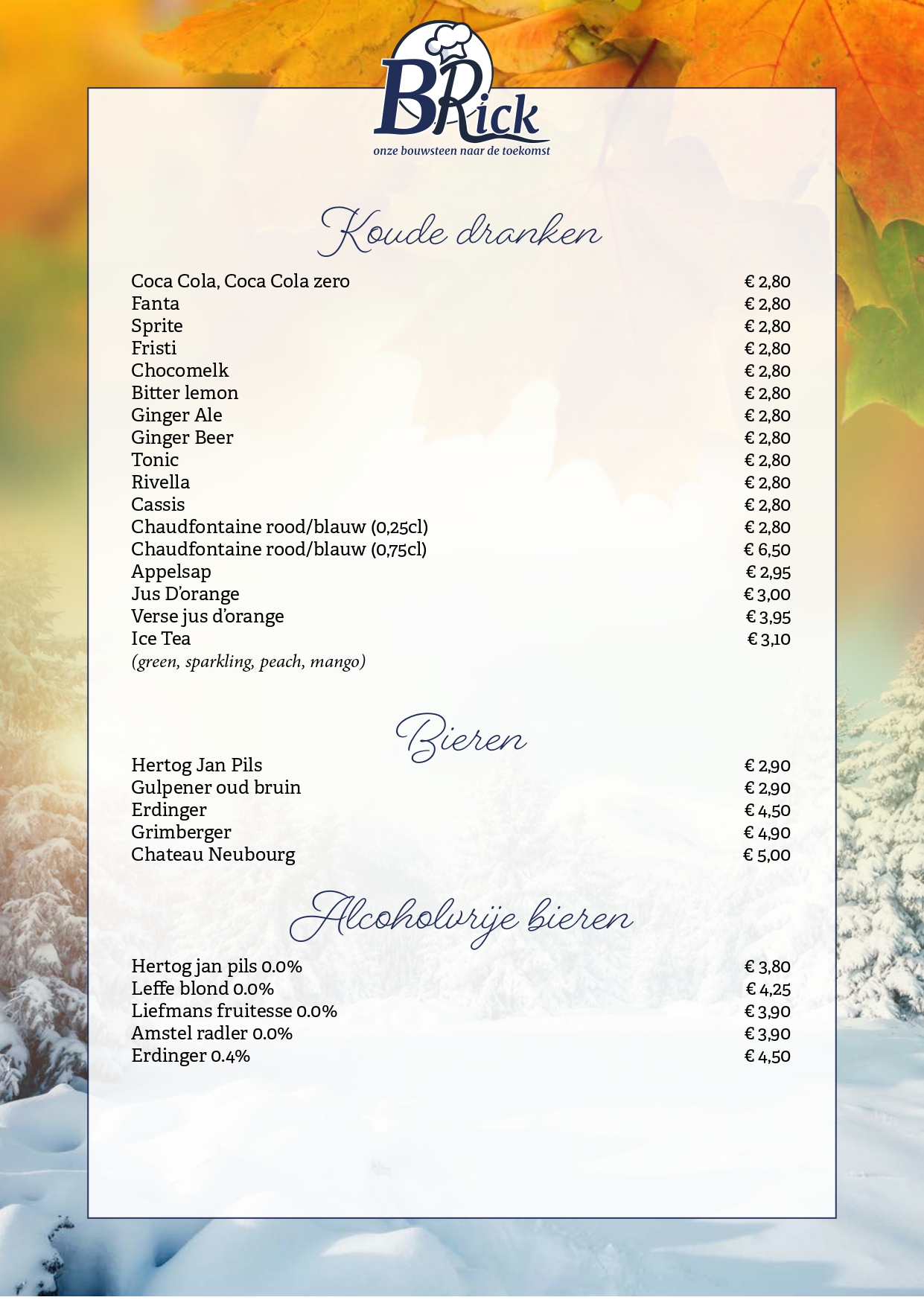 Dinerkaart koude dranken, bier en alcoholvrij BRick Landgraaf