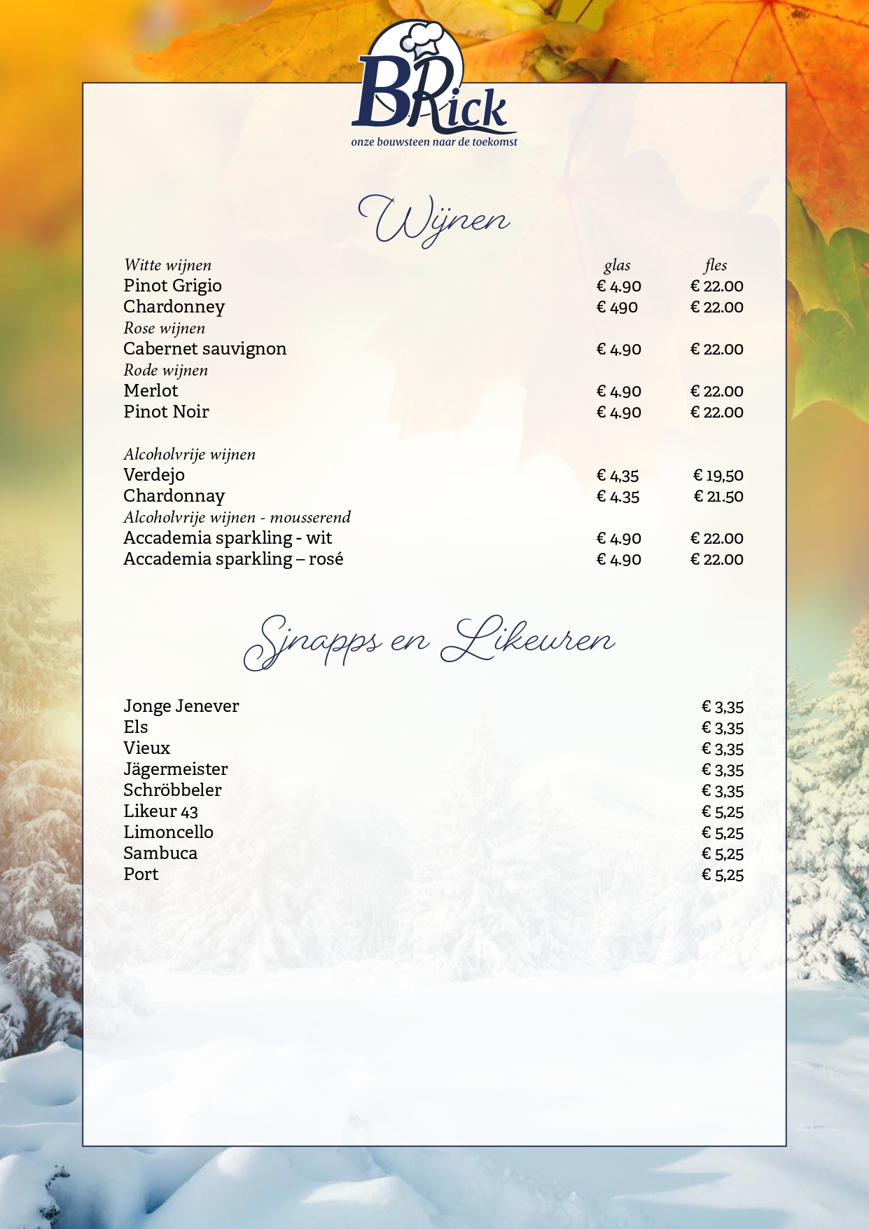 Dinerkaart wijnen, sjnaps en likeur BRick Landgraaf