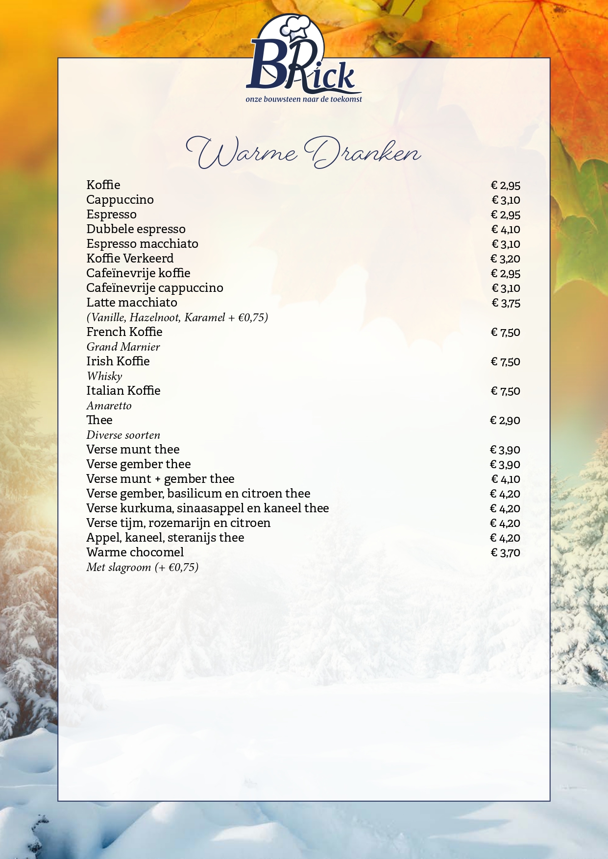 Dinerkaart warme dranken BRick Landgraaf